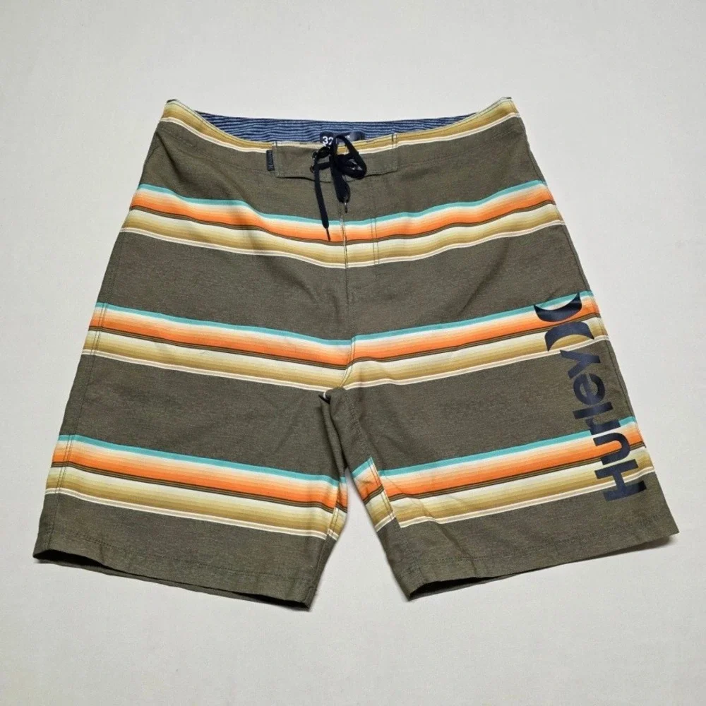 Hurley Mens Board Shorts Size 32 Olive Green Striped Surf Swim Trunks Drawstring